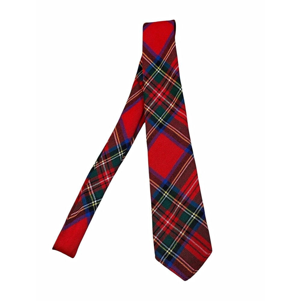 Vintage Royal Stewart Tartan Tie 100% Wool Scotland Red Plaid Skinny